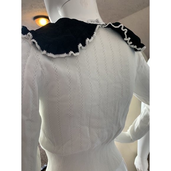 ZARA Sweater S White Black Collared Knit Long Sleeves Crop Top Stretch Button Up - Picture 6 of 6